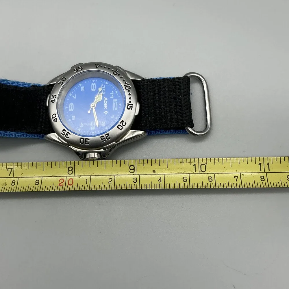 Acer Boys Watch 38mm Blue Dial Silver Tone Black Nylon Strap New Battery